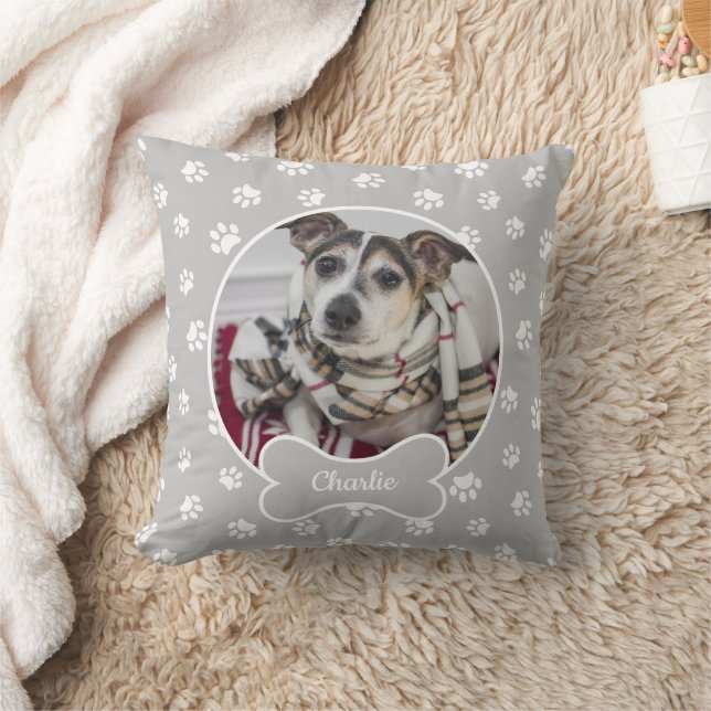 DIY Hund Foto Circle Name Knochen Weiße Paws Grau Kissen (Decke)
