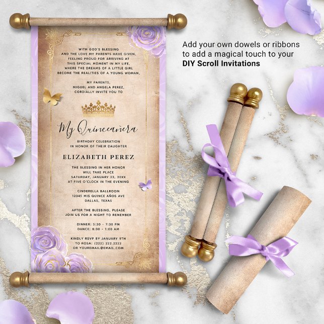 DIY Light Lila Gold Quince Scroll Einladungen (DIY scrolls do not come with dowels. Add your own or roll up with a ribbon for a personalized touch!)