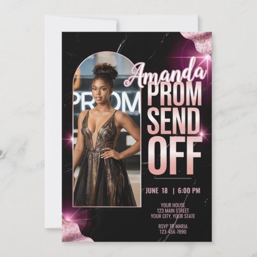 DIY Luxuriöse Prom abschicken schwarz rosa Marmor Einladung (Vorderseite)