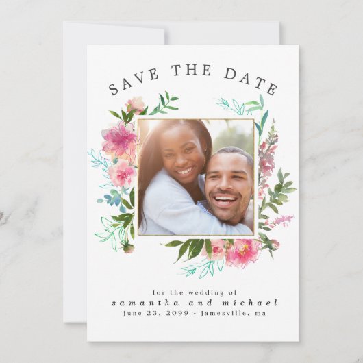 DIY Modern Foto Pink Floral Wasserfarbe Pey Save The Date (Vorderseite)