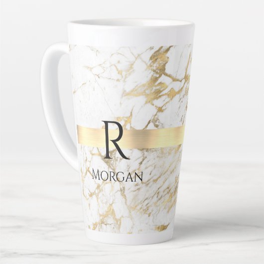 DIY Monogram Black Text, White & Gold Marmor Milchtasse (Linke Ecke)
