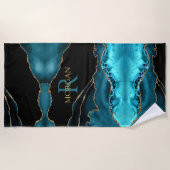 DIY Monogram & Gold Name, Black Gold & Aquamarin A Strandtuch (Vorderseite)