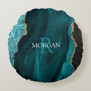 DIY Monogram & Name, Black Gold & Aquamarin Agate Rundes Kissen