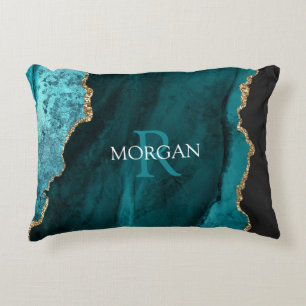 DIY Monogram & Name, Black Gold & Teal Agate Dekokissen