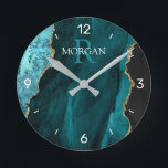 DIY Monogram & Name Black Gold Teal Agate, Numbers Runde Wanduhr<br><div class="desc">Personalize this clock with your Monogram and Name In White and Dark Teal text on black,  gold and teal agate. This simple Classic Design can also be used to promote your Company Name. Clock has white numbers.</div>