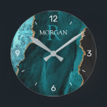 DIY Monogram & Name Black Gold Teal Agate, Numbers Runde Wanduhr<br><div class="desc">Personalize this clock with your Monogram and Name In White and Dark Teal text on black,  gold and teal agate. This simple Classic Design can also be used to promote your Company Name. Clock has white numbers.</div>