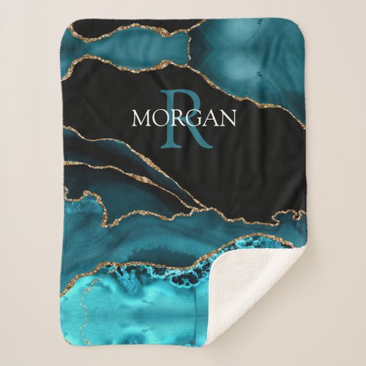 DIY Monogram & Name, Black Gold & Teal Agate Sherpadecke (Vorderseite)