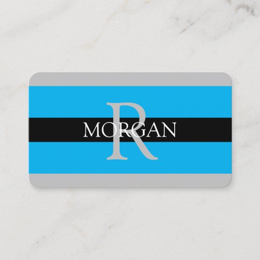 DIY Monogram Name Info Black Gray Sky Blue Stripes Visitenkarte (Vorderseite)