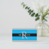 DIY Monogram Name Info Black Gray Sky Blue Stripes Visitenkarte (Stehend Vorderseite)