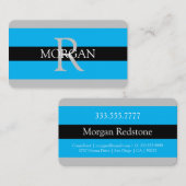DIY Monogram Name Info Black Gray Sky Blue Stripes Visitenkarte (Vorne/Hinten)