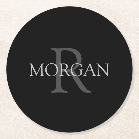 DIY Monogram & Name, trendy Black mit grauem Text Runder Pappuntersetzer (Vorderseite)