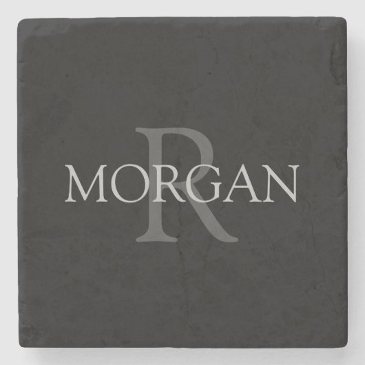 DIY Monogram & Name, trendy Black mit grauem Text Steinuntersetzer (Vorderseite)