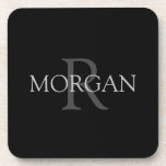 DIY Monogram & Name, Trendy Black with Grey Text Getränkeuntersetzer<br><div class="desc">Personalize with your Monogram and Name In Grey Text. This simple Classic Black Design can also be used to promote your Company Name.</div>