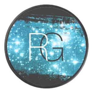 DIY Monogram White & Black, Stardust Brush Stroke Eishockey Puck
