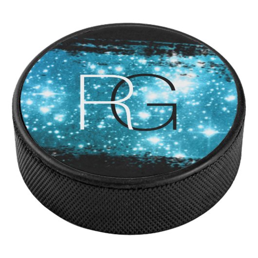 DIY Monogram White & Black, Stardust Brush Stroke Eishockey Puck (3/4)
