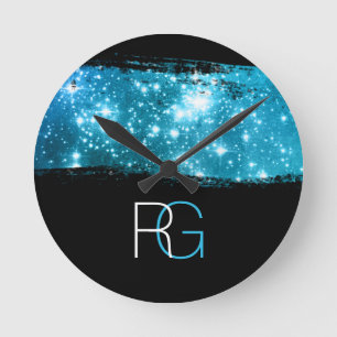 DIY Monogram White & Blue, Stardust Brush Stroke Runde Wanduhr