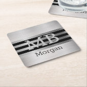 DIY Monogramm/Name Bk/Silber Streifen gebürstet Si Rechteckiger Pappuntersetzer (angewinkelt)