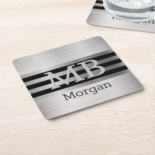 DIY Monogramm/Name Bk/Silber Streifen gebürstet Si Rechteckiger Pappuntersetzer (angewinkelt)
