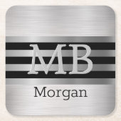 DIY Monogramm/Name Bk/Silber Streifen gebürstet Si Rechteckiger Pappuntersetzer (Vorderseite)
