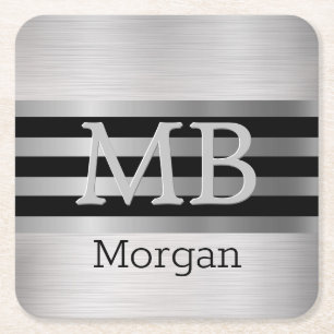 DIY Monogramm/Name Bk/Silber Streifen gebürstet Si Rechteckiger Pappuntersetzer