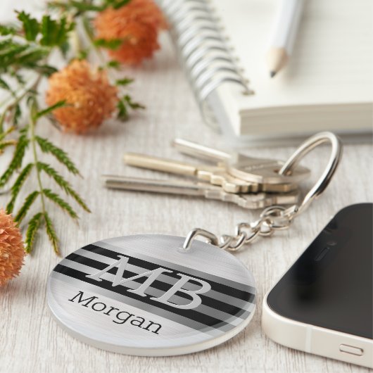 DIY Monogramm/Name Bk/Silber Streifen gebürstet Si Schlüsselanhänger (Vorderseite rechts)