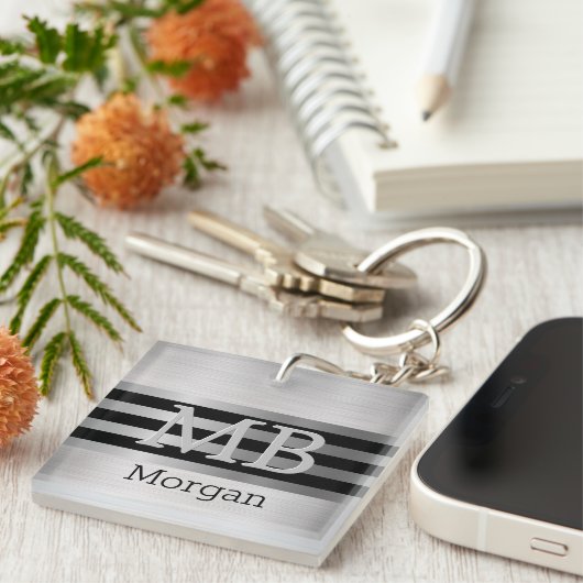DIY Monogramm/Name Bk/Silber Streifen gebürstet Si Schlüsselanhänger (Vorderseite rechts)