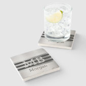 DIY Monogramm/Name Bk/Silber Streifen gebürstet Si Steinuntersetzer (Seitenansicht)