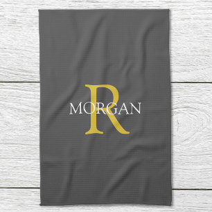 DIY-Monogramm & Name, Gold/Weißer Text, Dunkelgrau Geschirrtuch