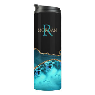 DIY-Monogramm & Name, Schwarz Gold & Teal Achat, V Thermosbecher