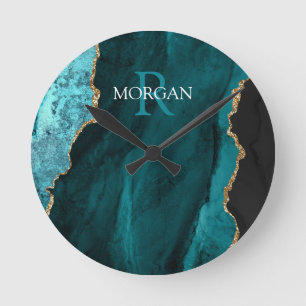DIY-Monogramm & Name, schwarzes Gold & Teal-Achat Runde Wanduhr