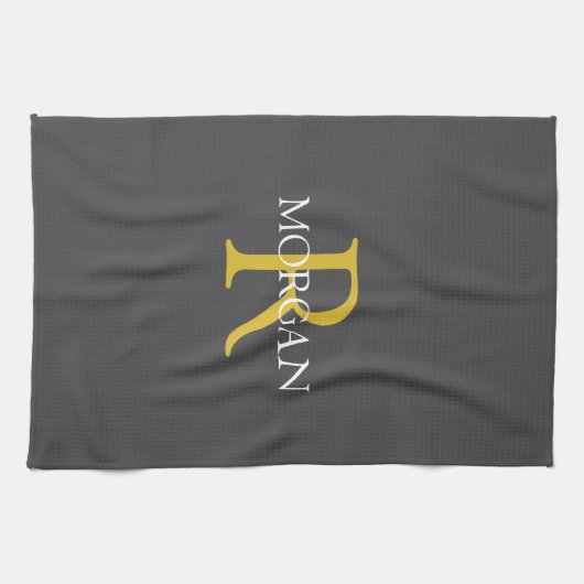 DIY Monogramm und Name, Gold/Weiß, dunkelgrau Geschirrtuch (Horizontal)