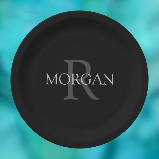 DIY Monogramm und Name, klassisch schwarz mit grau Pappteller