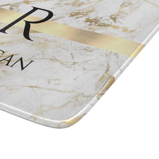 DIY Name & Monogram Blk Text, White & Gold Marmor Schneidebrett (Ecke)