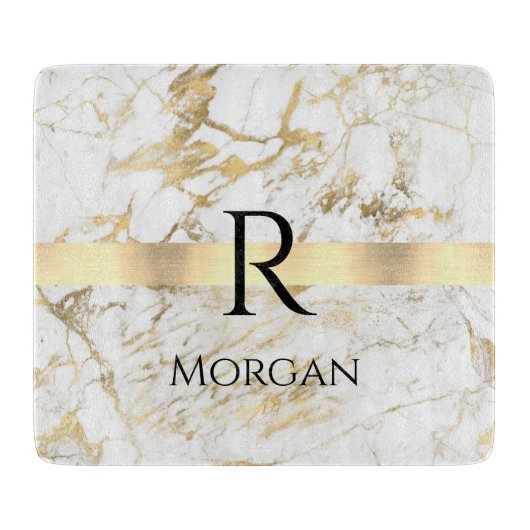 DIY Name & Monogram Blk Text, White & Gold Marmor Schneidebrett (Vorderseite)