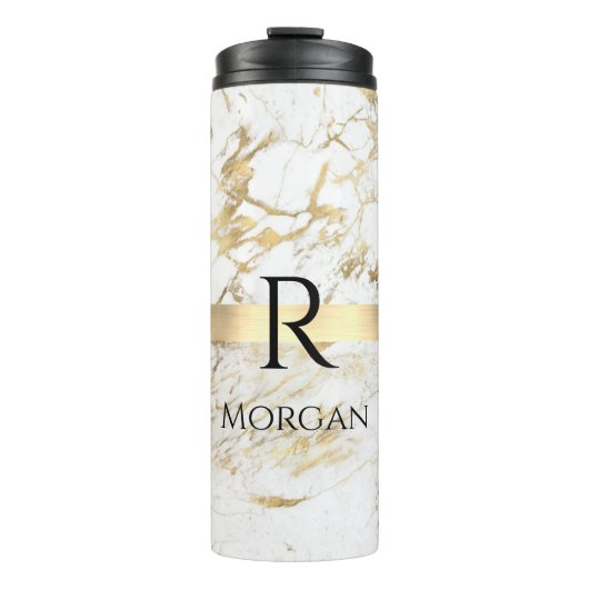 DIY Name & Monogram Blk Text, White & Gold Marmor Thermosbecher (Vorderseite)