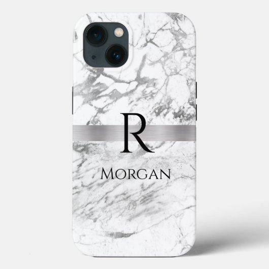 DIY Name & Monogram Blk Text, White & Gray Marmor Case-Mate iPhone Hülle (Rückseite)