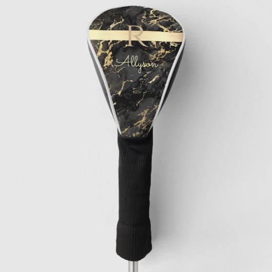 DIY Name & Monogram, Gold Bar, Black & Gold Marble Golf Headcover (Vorderseite)