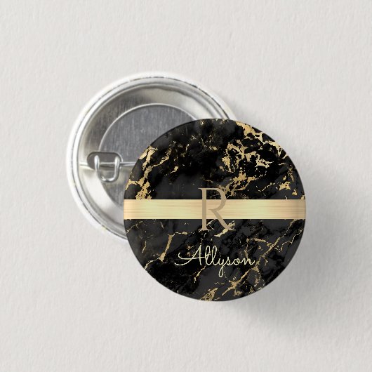 DIY Name & Monogram, Gold Bar, Black & Gold Marmor Button (Vorne & Hinten)