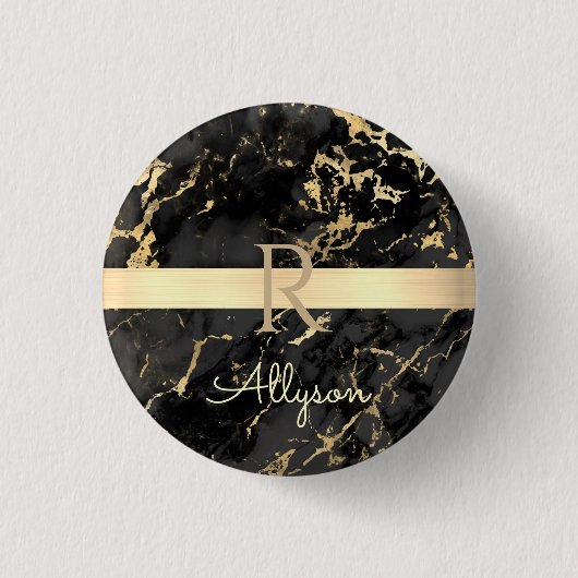 DIY Name & Monogram, Gold Bar, Black & Gold Marmor Button (Vorderseite)