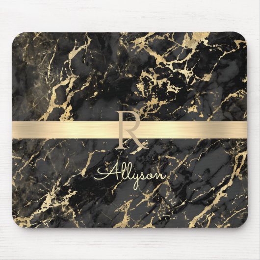 DIY Name & Monogram, Gold Bar, Black & Gold Marmor Mousepad (Vorne)