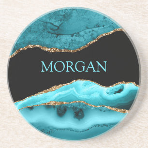DIY Name, Schwarz, Gold & Teal Achat Getränkeuntersetzer