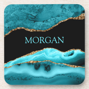 DIY Name, Schwarz, Gold & Teal Achat Quadrat Getränkeuntersetzer