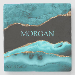 DIY Name, Schwarz, Gold & Teal Achat Steinuntersetzer