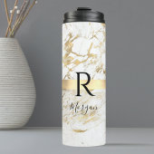 DIY Name Script & Monogram Blk, White/Gold Marmor Thermosbecher
