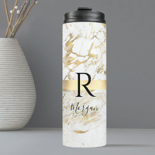 DIY Name Script & Monogram Blk, White/Gold Marmor Thermosbecher