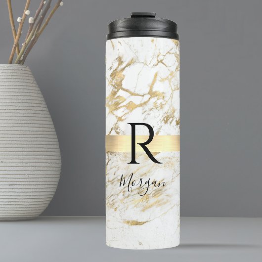 DIY Name Script & Monogram Blk, White/Gold Marmor Thermosbecher