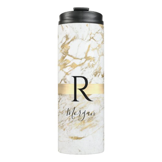 DIY Name Script & Monogram Blk, White/Gold Marmor Thermosbecher (Vorderseite)
