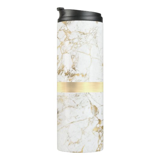 DIY Name Script & Monogram Blk, White/Gold Marmor Thermosbecher (Nach rechts gedreht)