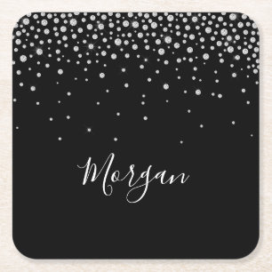 DIY Name Weiße Schrift & Weiße Diamanten, Schwarz Rechteckiger Pappuntersetzer