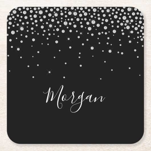 DIY Name White Script & White Diamonds, Black Rechteckiger Pappuntersetzer (Vorderseite)